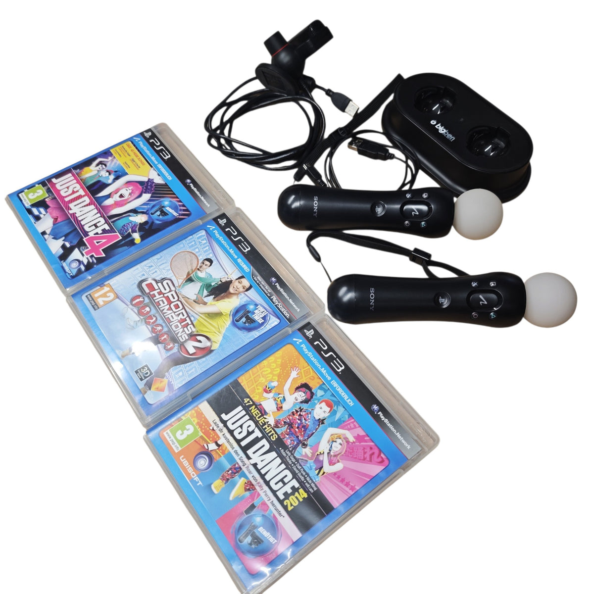 PlayStation Move-Set für die PlayStation 3 mit zwei Motion-Controllern, der PlayStation Eye-Kamera, einer Bigben-Ladestation und drei Spielen Just Dance 4, Sports Champions 2 und Just Dance 2014