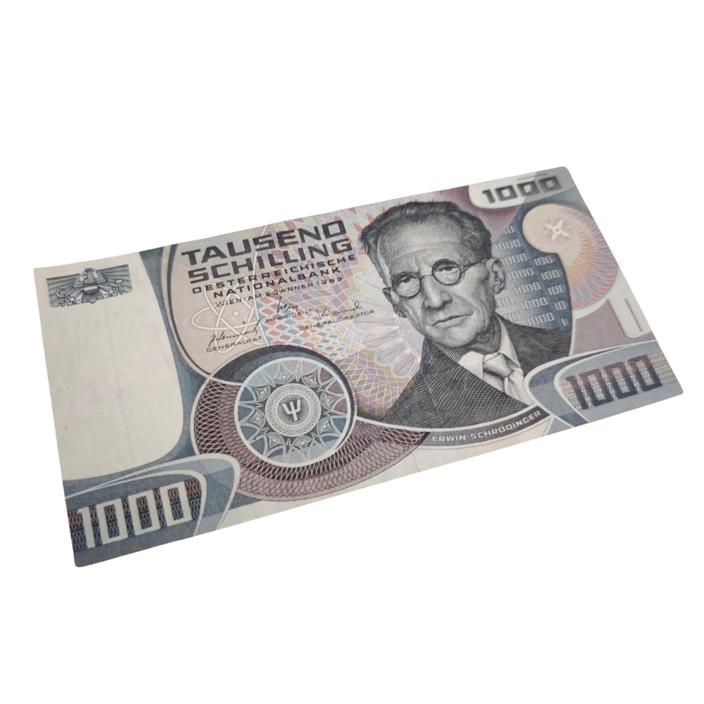 1000-Schilling-Schein D926888K Oesterreichischen Nationalbank aus dem Jahr 1983 mit dem Porträt des Physikers Erwin Schrödinger