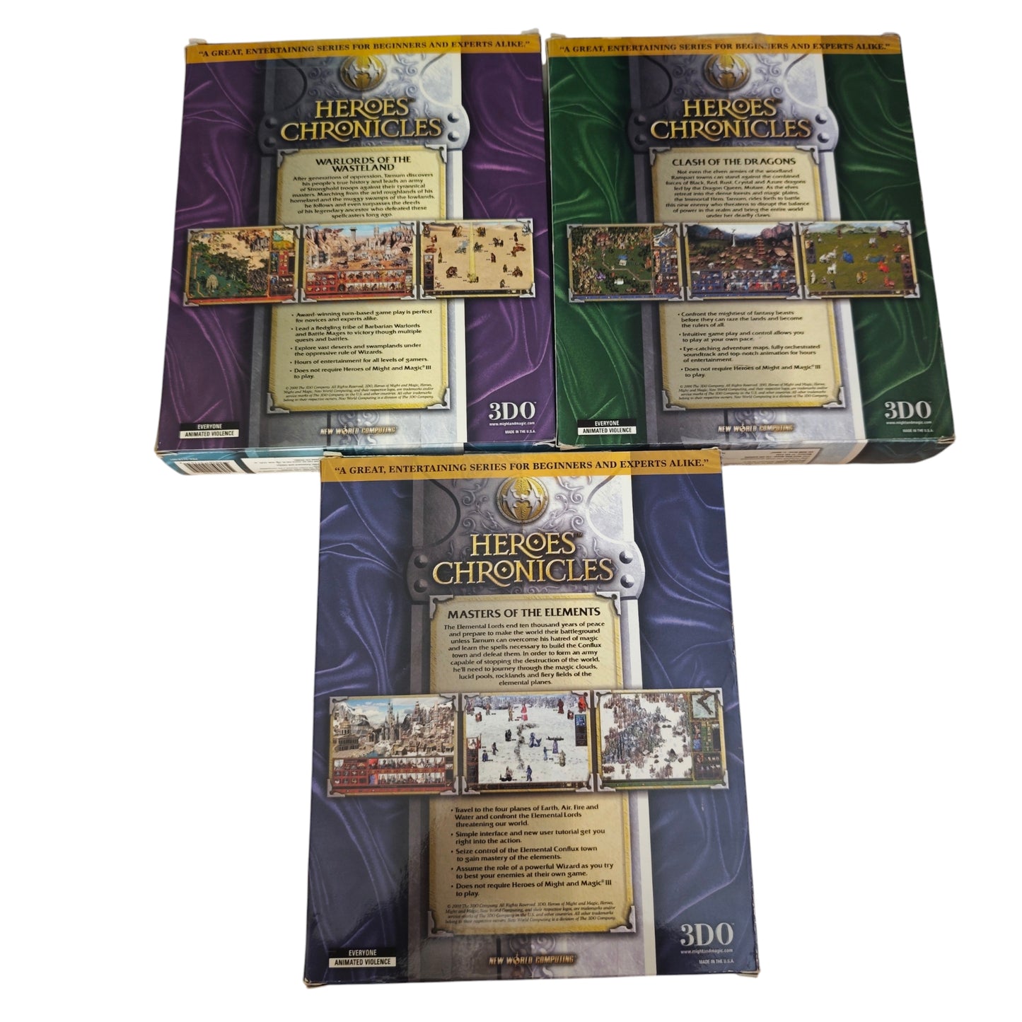 Heroes Chronicles PC-Spiele von 3DO Masters of the Elements, Clash of the Dragons und Warlords of the Wasteland