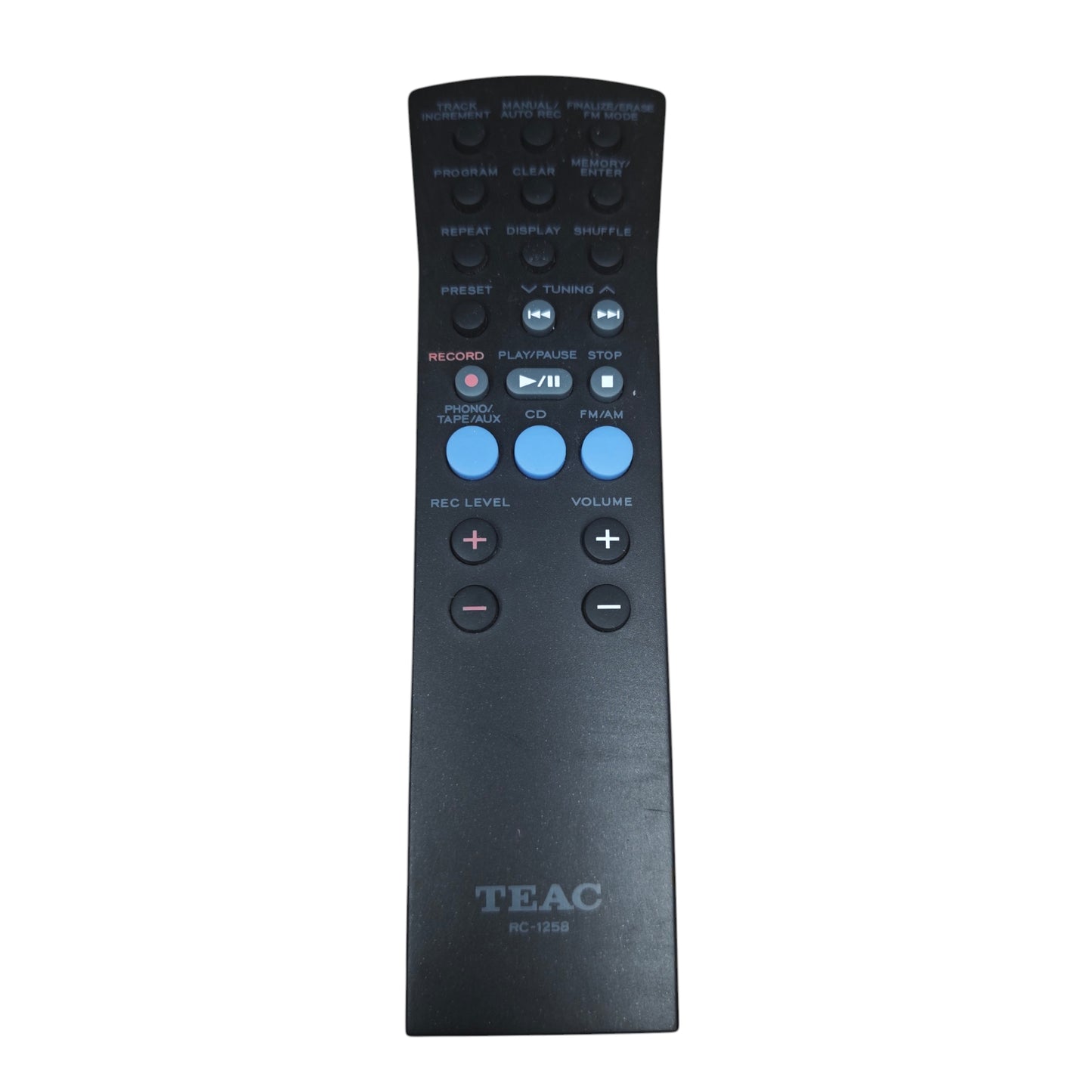 Original Infrarot Fernbedienung TEAC RC-1258 die primär für Multimediakombinationen und CD-Rekorder/Plattenspieler-Systeme