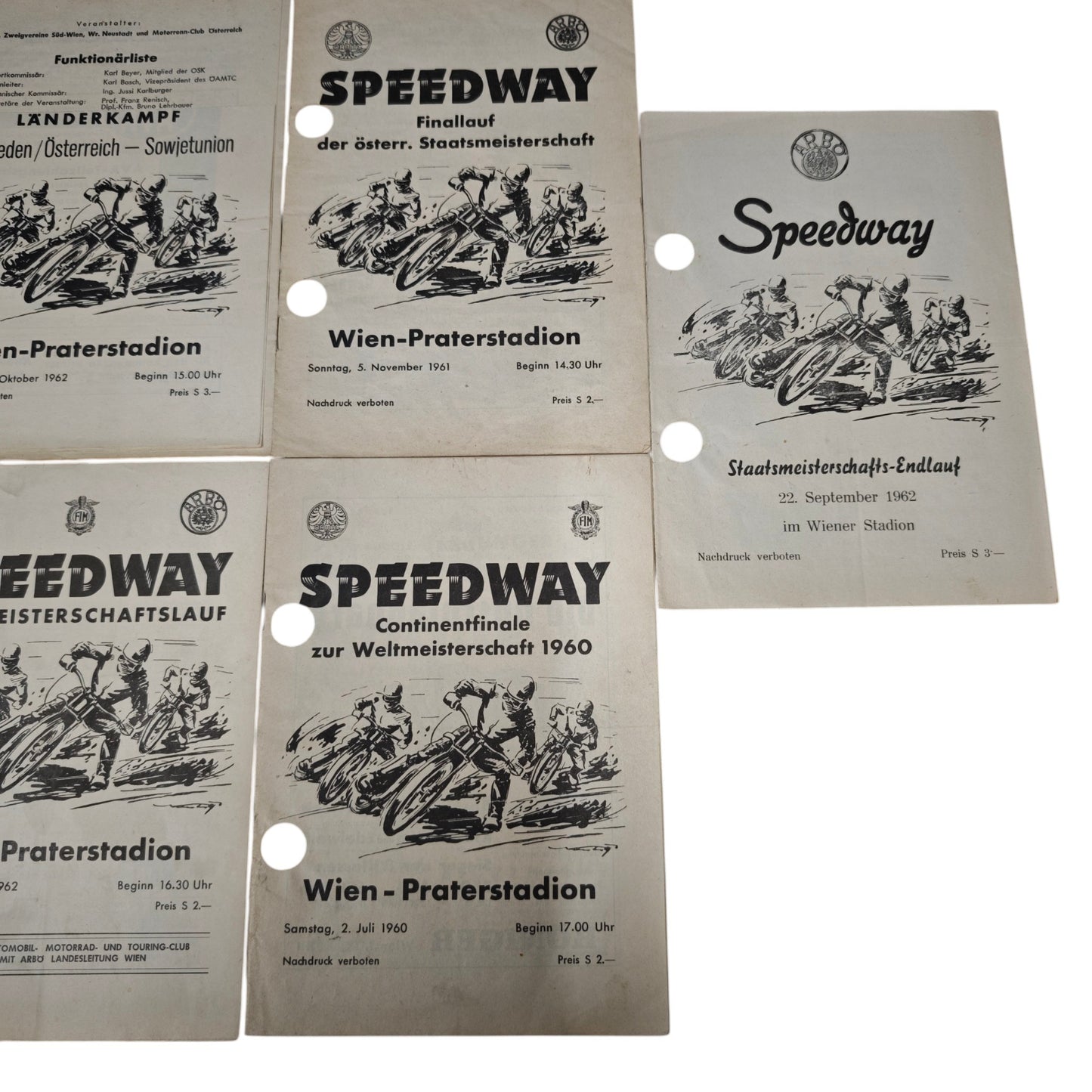 Programmhefte stammen aus den Jahren 1960 bis 1962 und dokumentieren internationale Speedway- und Weltmeisterschafts-Rennen im Wiener Praterstadion sowie im Stadion Wien X