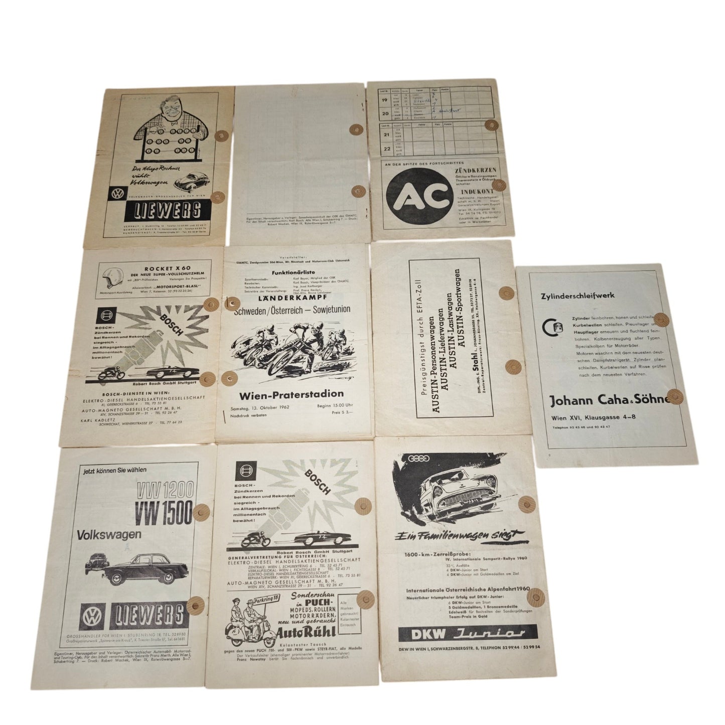 Programmhefte stammen aus den Jahren 1960 bis 1962 und dokumentieren internationale Speedway- und Weltmeisterschafts-Rennen im Wiener Praterstadion sowie im Stadion Wien X
