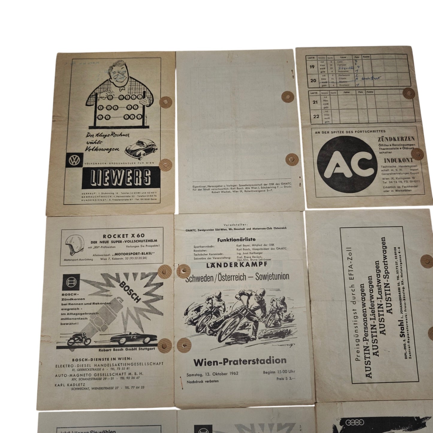 Programmhefte stammen aus den Jahren 1960 bis 1962 und dokumentieren internationale Speedway- und Weltmeisterschafts-Rennen im Wiener Praterstadion sowie im Stadion Wien X