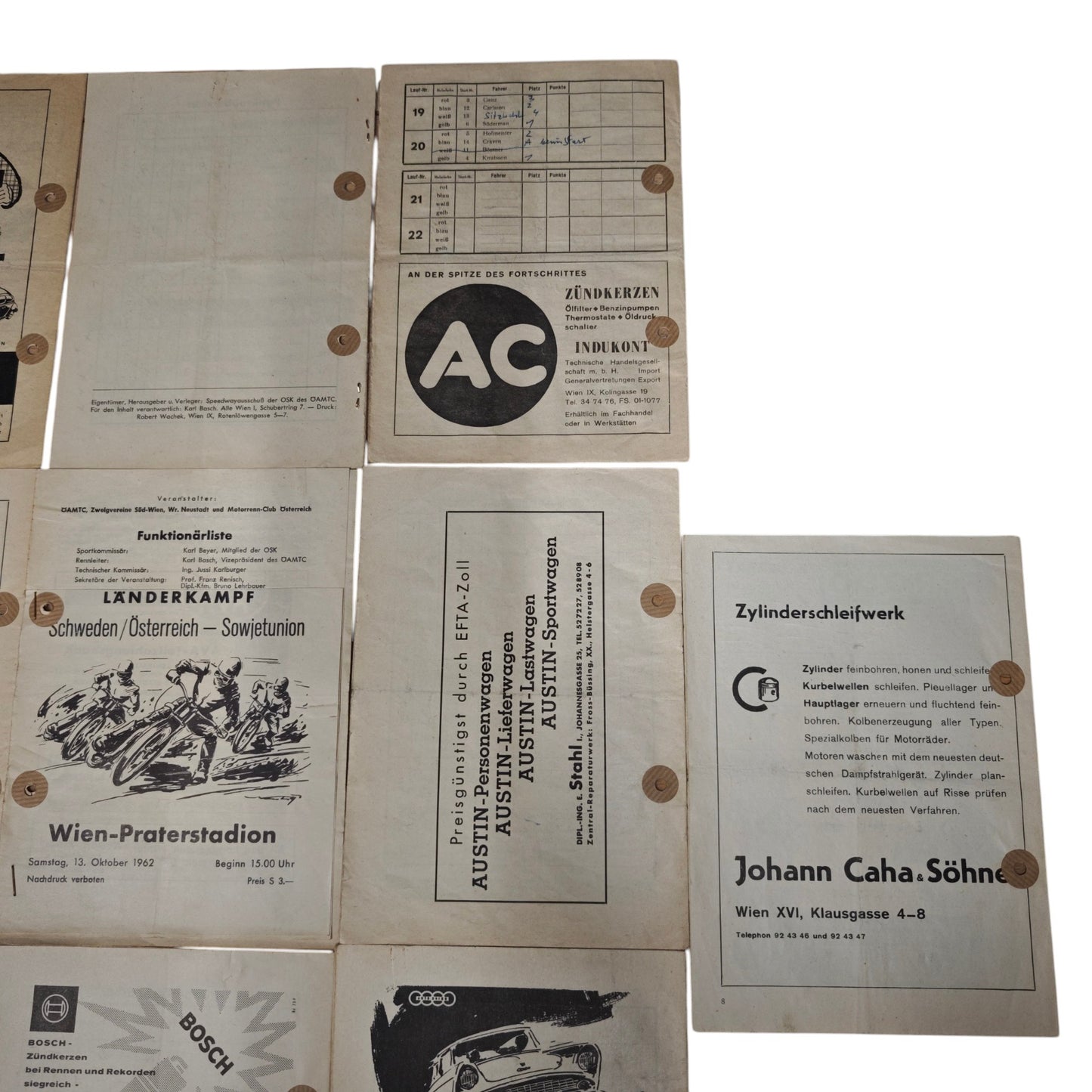 Programmhefte stammen aus den Jahren 1960 bis 1962 und dokumentieren internationale Speedway- und Weltmeisterschafts-Rennen im Wiener Praterstadion sowie im Stadion Wien X