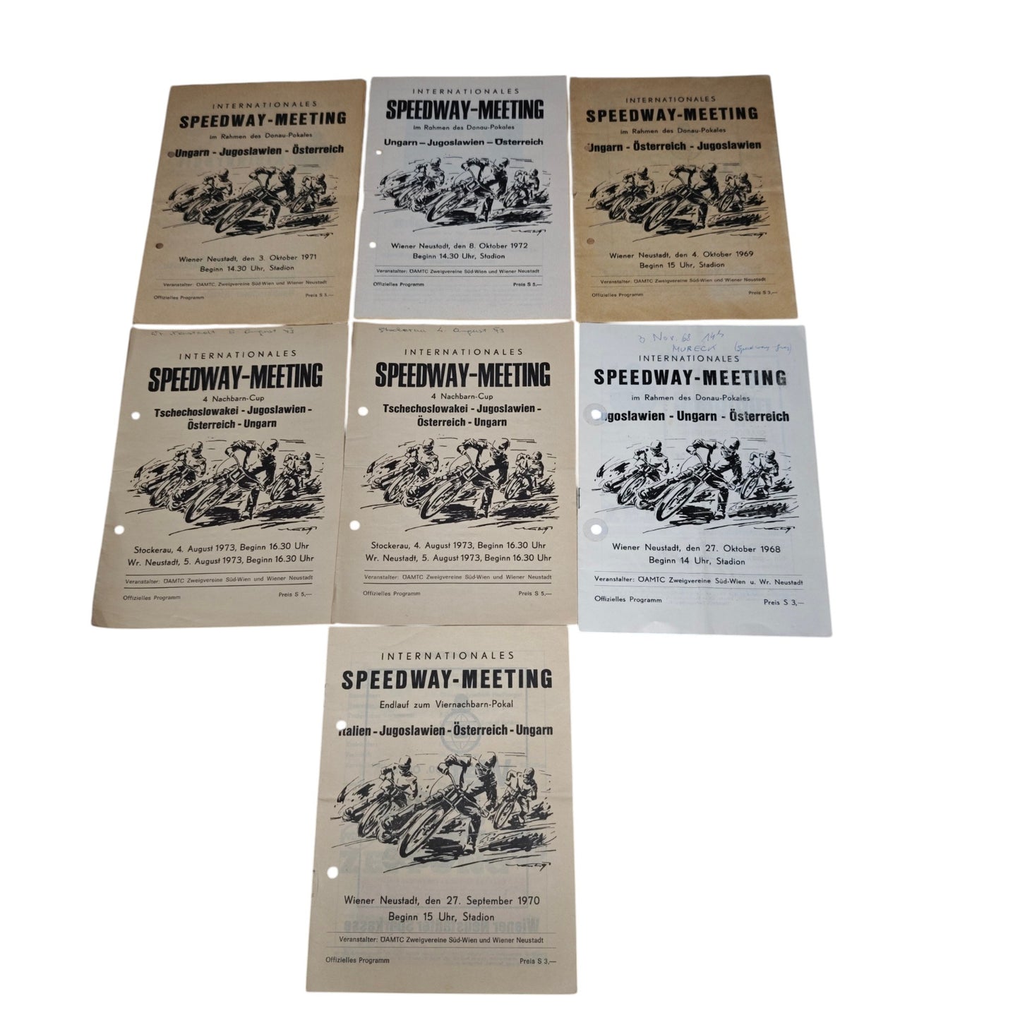 Programmhefte internationale Motorrad-Speedway-Rennen in Österreich aus den Jahren 1968 bis 1973.