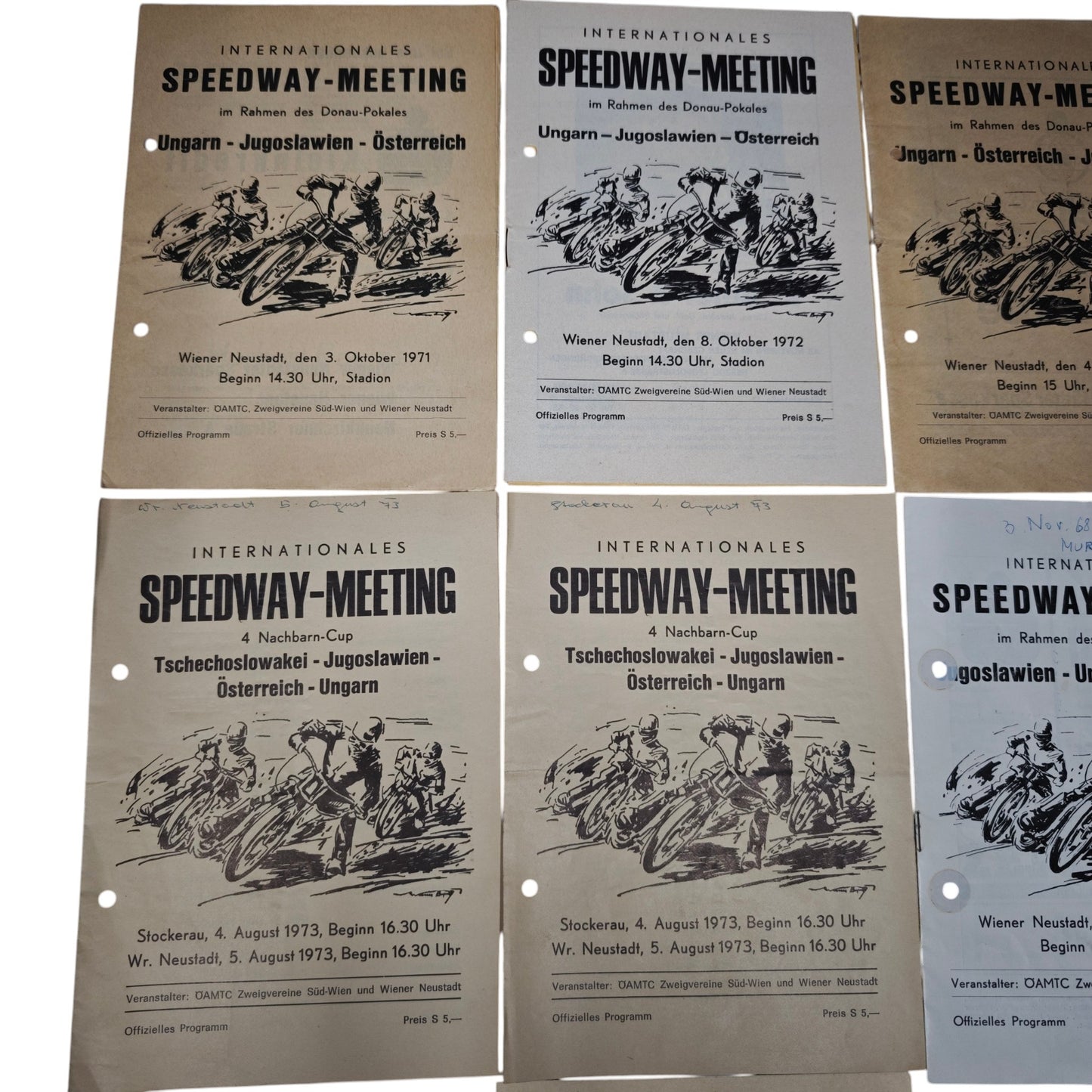 Programmhefte internationale Motorrad-Speedway-Rennen in Österreich aus den Jahren 1968 bis 1973.