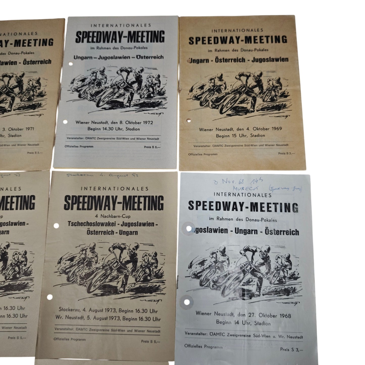 Programmhefte internationale Motorrad-Speedway-Rennen in Österreich aus den Jahren 1968 bis 1973.