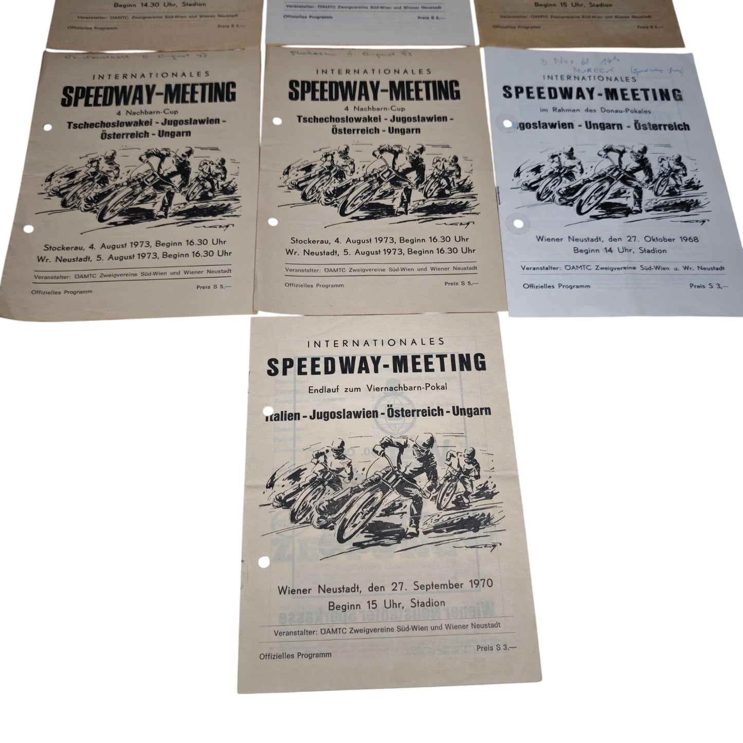 Programmhefte internationale Motorrad-Speedway-Rennen in Österreich aus den Jahren 1968 bis 1973.