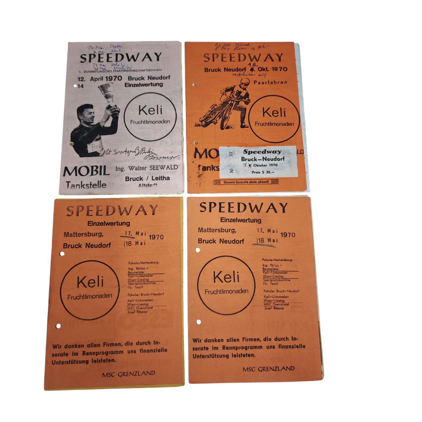 Speedway-Rennprogramme vom Veranstalter MSC Grenzland aus den 1970  Bruck an der Leitha  Bruckneudorf und Mattersburg