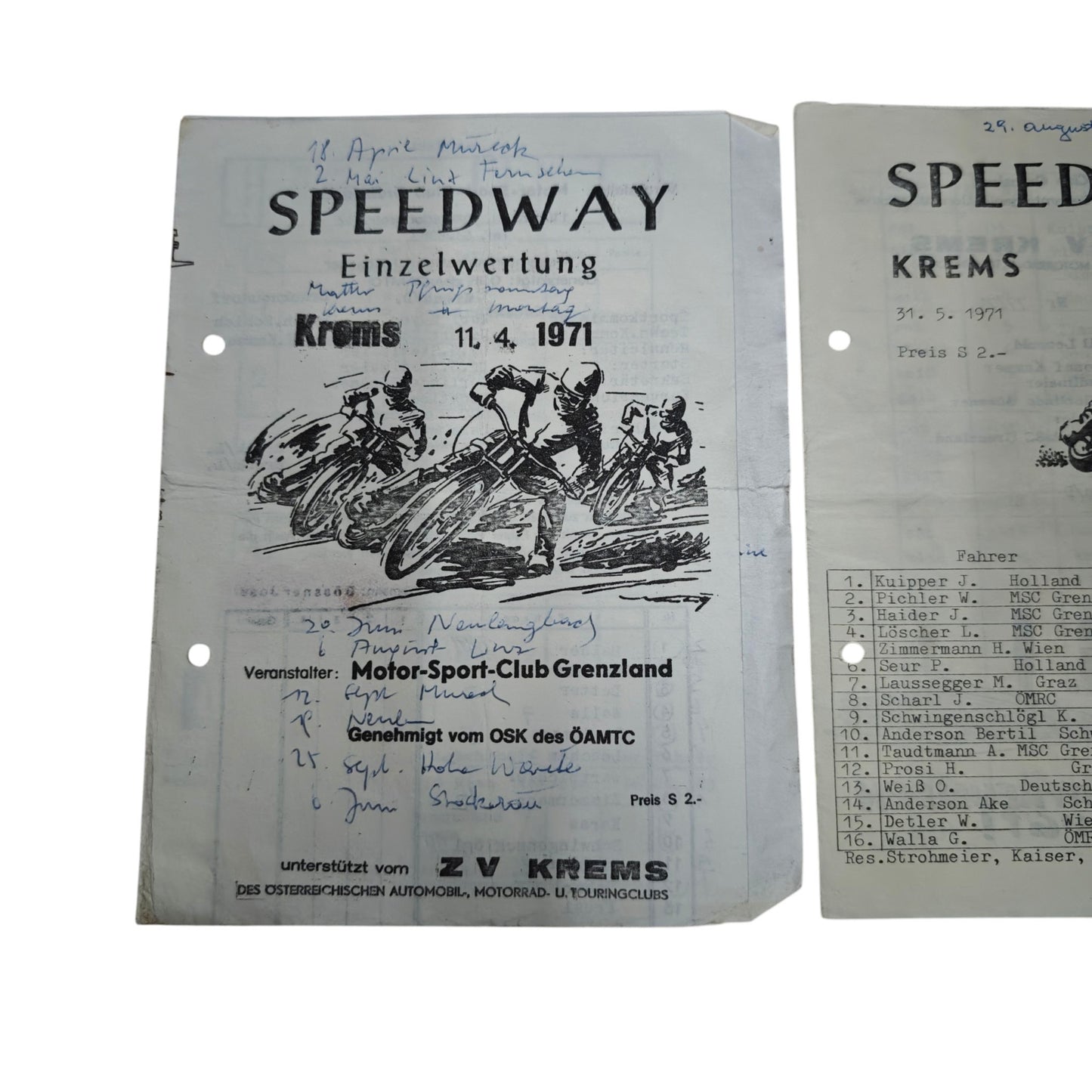 Programmhefte beziehungsweise Einzelauswertungen für internationale Speedway-Rennen in Krems an der Donau
