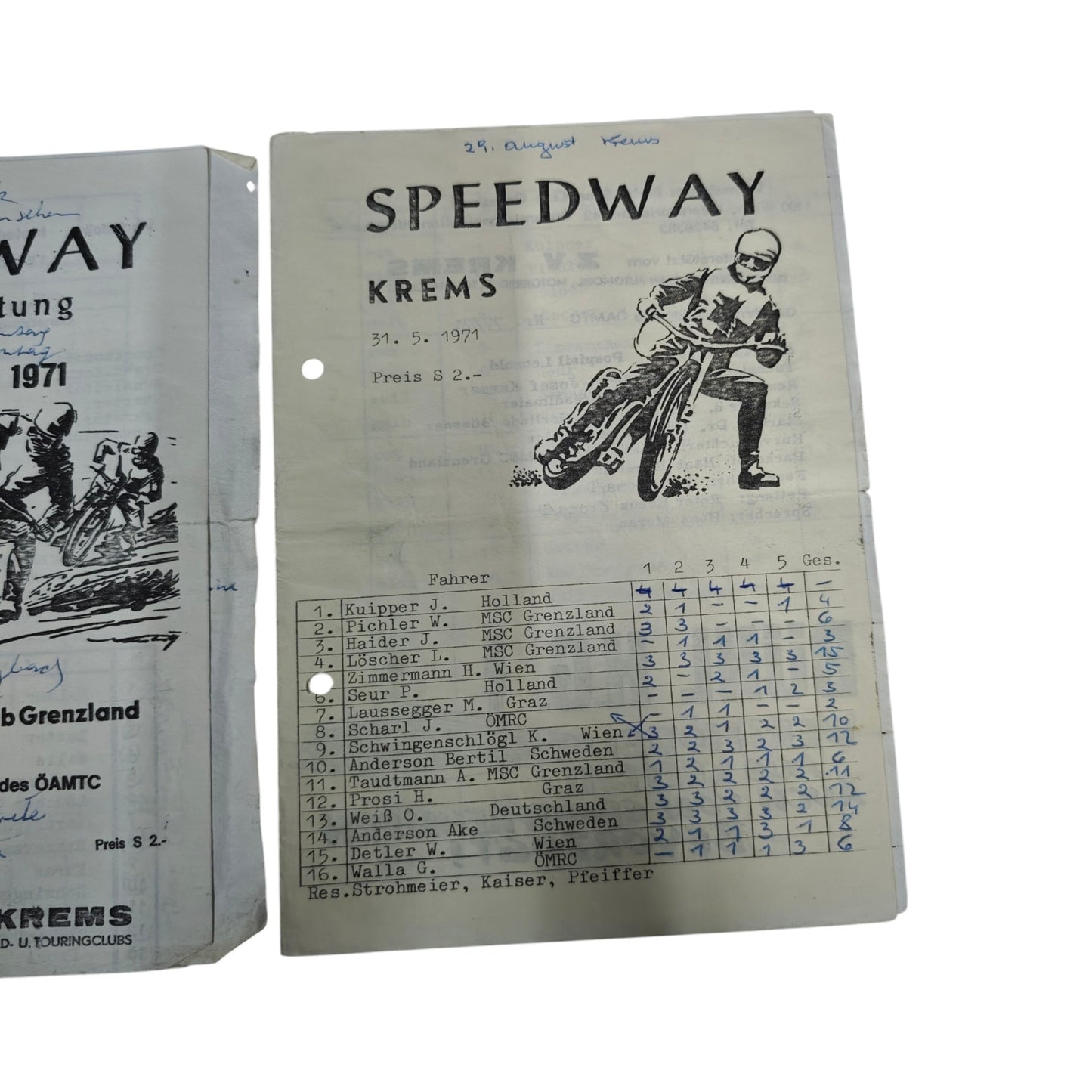 Programmhefte beziehungsweise Einzelauswertungen für internationale Speedway-Rennen in Krems an der Donau