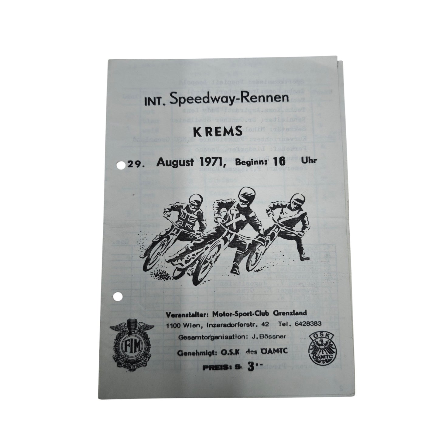 Programmhefte beziehungsweise Einzelauswertungen für internationale Speedway-Rennen in Krems an der Donau