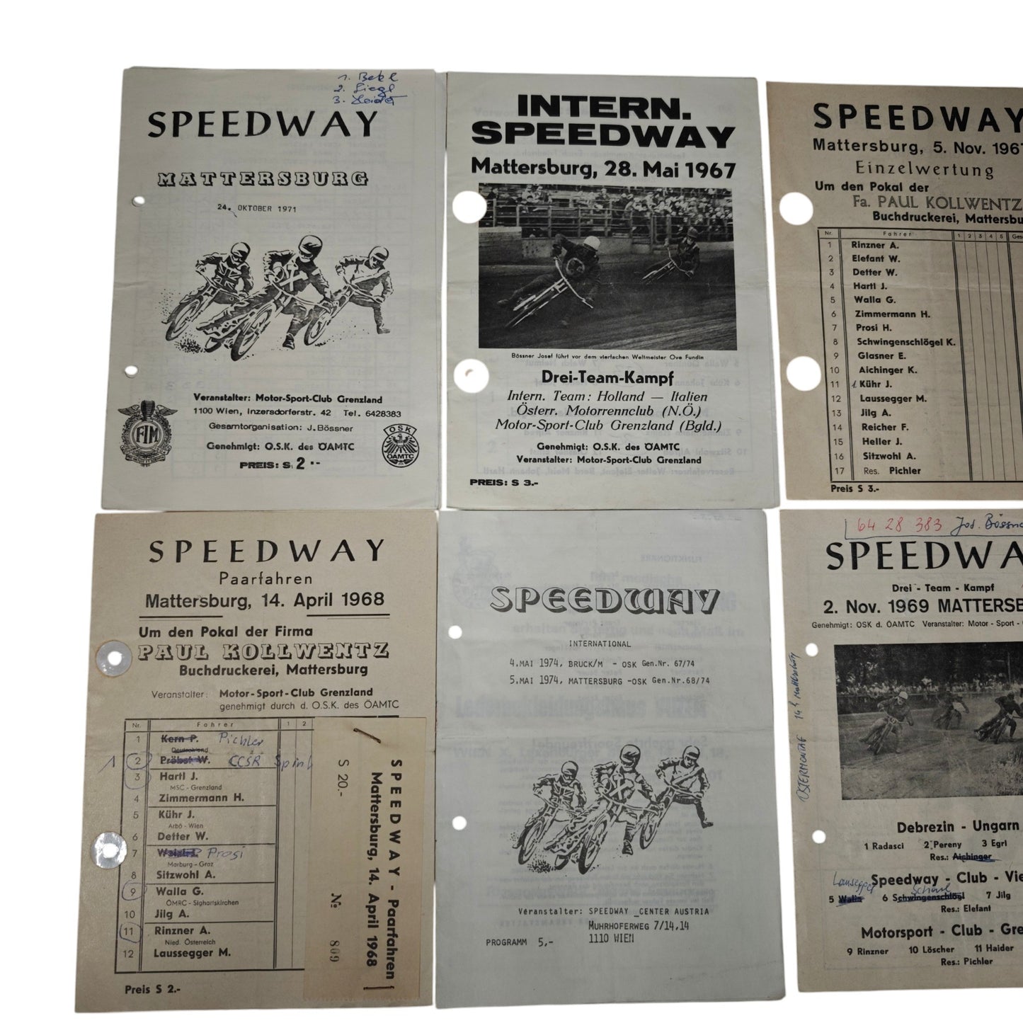 historischer Speedway-Rennprogrammhefte aus Mattersburg (Österreich) aus Jahren 1967 bis 1970