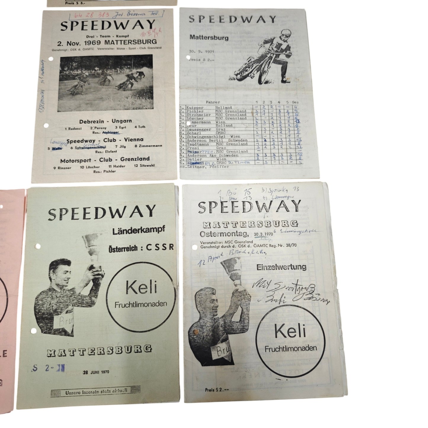 historischer Speedway-Rennprogrammhefte aus Mattersburg (Österreich) aus Jahren 1967 bis 1970