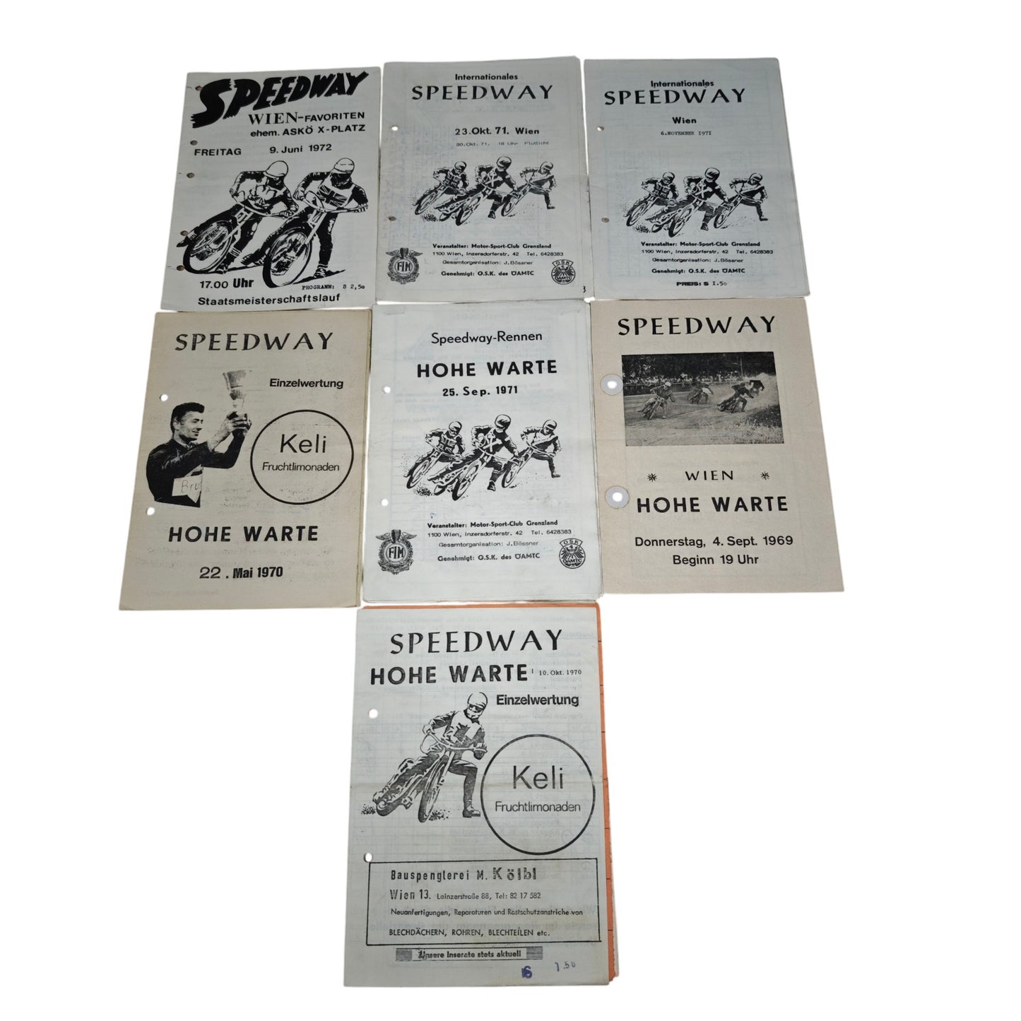 Sammlung historischer österreichischer Speedway-Rennprogrammhefte aus den Jahren 1969 bis 1972 mit Veranstaltungen auf der Hohe Warte und in Wien-Favoriten.