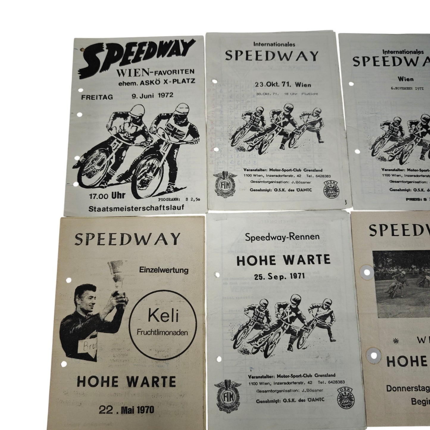 Sammlung historischer österreichischer Speedway-Rennprogrammhefte aus den Jahren 1969 bis 1972 mit Veranstaltungen auf der Hohe Warte und in Wien-Favoriten.