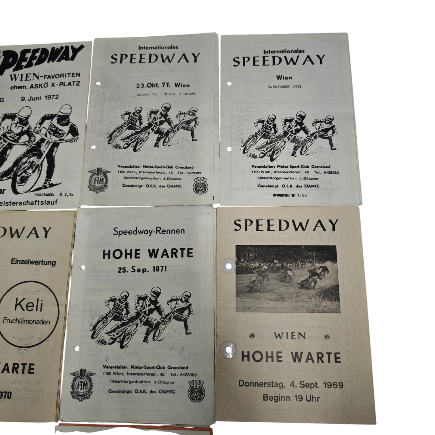 Sammlung historischer österreichischer Speedway-Rennprogrammhefte aus den Jahren 1969 bis 1972 mit Veranstaltungen auf der Hohe Warte und in Wien-Favoriten.
