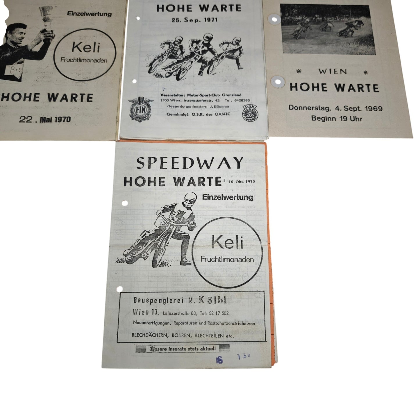 Sammlung historischer österreichischer Speedway-Rennprogrammhefte aus den Jahren 1969 bis 1972 mit Veranstaltungen auf der Hohe Warte und in Wien-Favoriten.