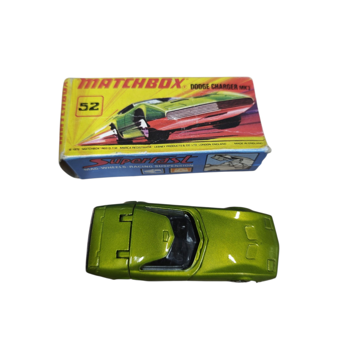 Matchbox Superfast Modellauto-Klassiker Siva Spyder (Nr. 41) sowie den Dodge Charger Mk. III (Nr. 52) von Lesney  1970er
