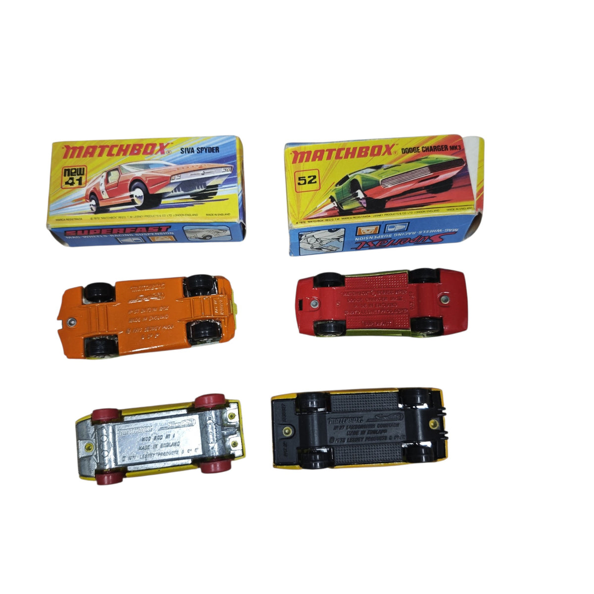 Matchbox Superfast Modellauto-Klassiker Siva Spyder (Nr. 41) sowie den Dodge Charger Mk. III (Nr. 52) von Lesney  1970er