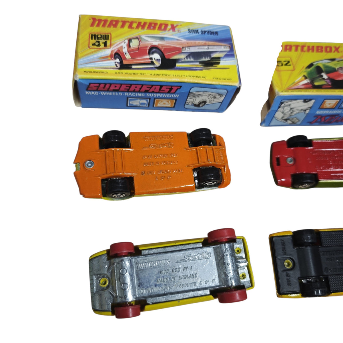 Matchbox Superfast Modellauto-Klassiker Siva Spyder (Nr. 41) sowie den Dodge Charger Mk. III (Nr. 52) von Lesney  1970er