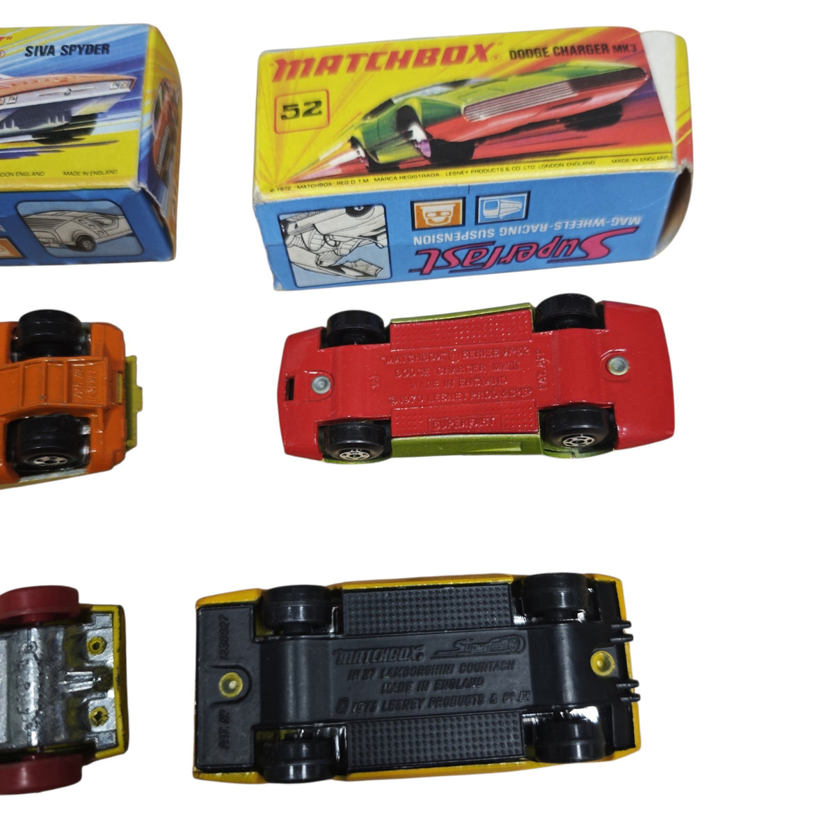 Matchbox Superfast Modellauto-Klassiker Siva Spyder (Nr. 41) sowie den Dodge Charger Mk. III (Nr. 52) von Lesney  1970er