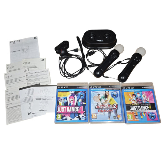 PlayStation Move-Set für die PlayStation 3 mit zwei Motion-Controllern, der PlayStation Eye-Kamera, einer Bigben-Ladestation und drei Spielen Just Dance 4, Sports Champions 2 und Just Dance 2014