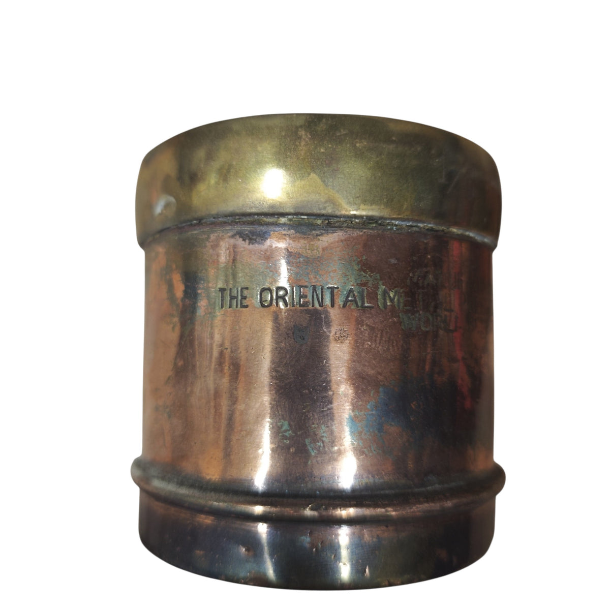 Indischer Messbecher (Getreide- oder Gewürzmaß) aus Kupfer und Messing von The Oriental Metal Pressing Works Bombay ca. 1940er Jahre