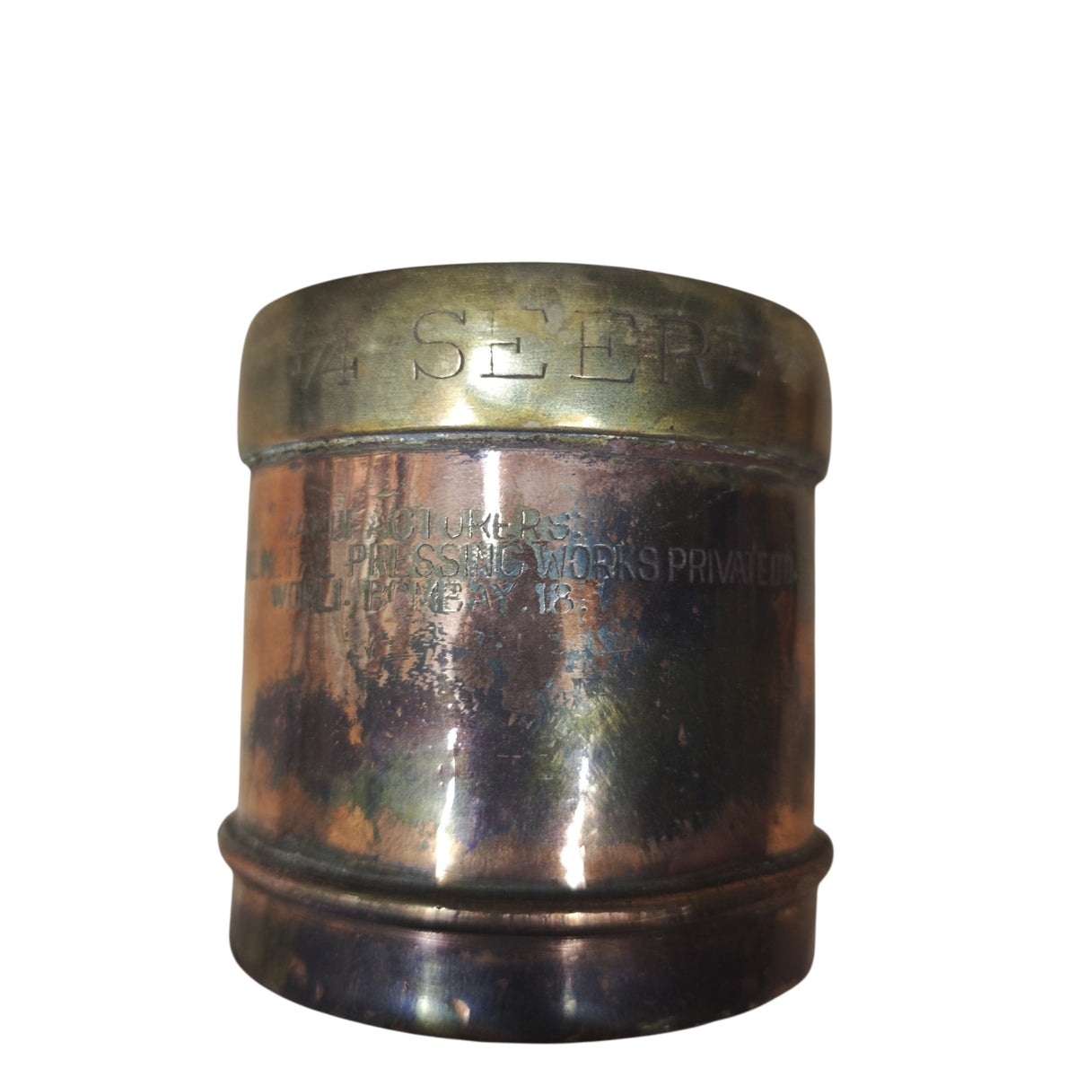 Indischer Messbecher (Getreide- oder Gewürzmaß) aus Kupfer und Messing von The Oriental Metal Pressing Works Bombay ca. 1940er Jahre