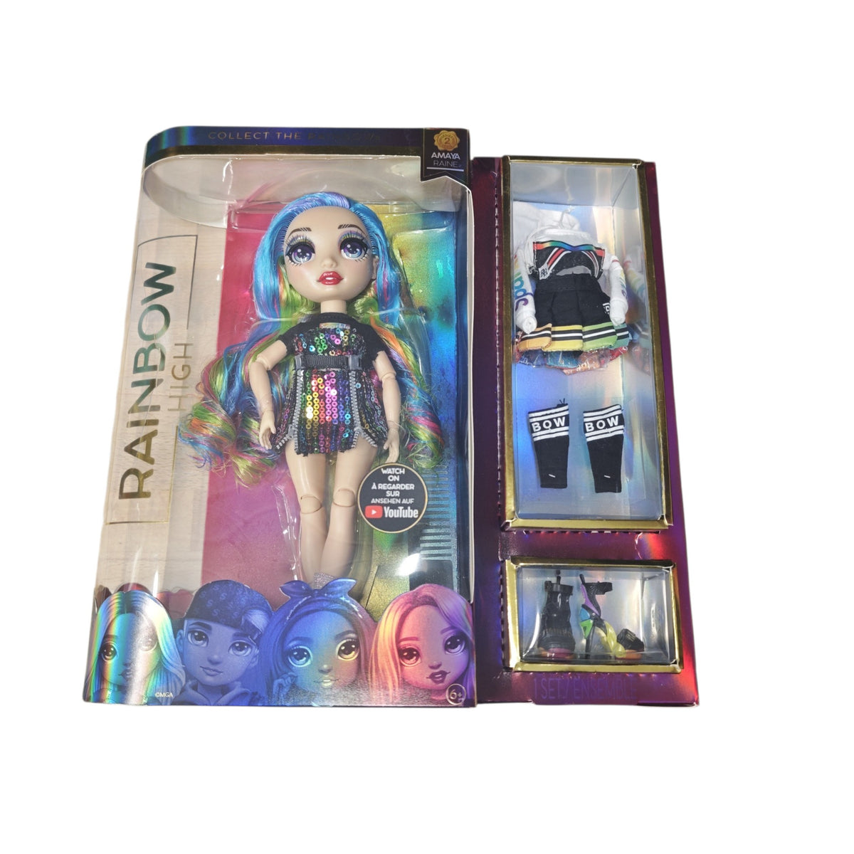 Rainbow High Amaya Raine Series 2 Modepuppe glitzerndem Regenbogen-Haar und zweitem Outfit-Set