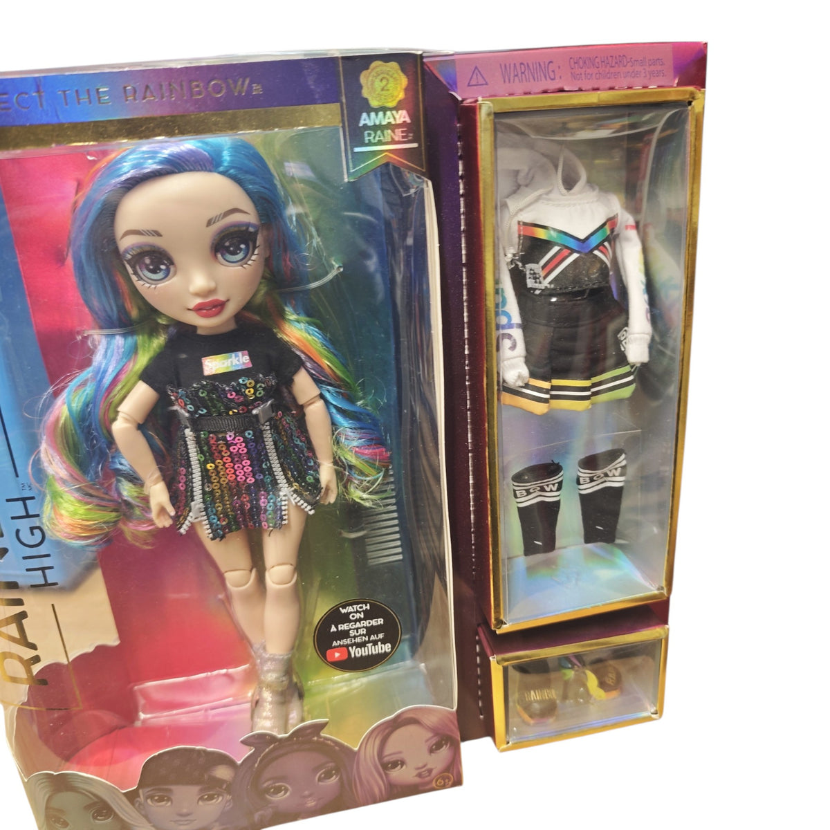 Rainbow High Amaya Raine Series 2 Modepuppe glitzerndem Regenbogen-Haar und zweitem Outfit-Set