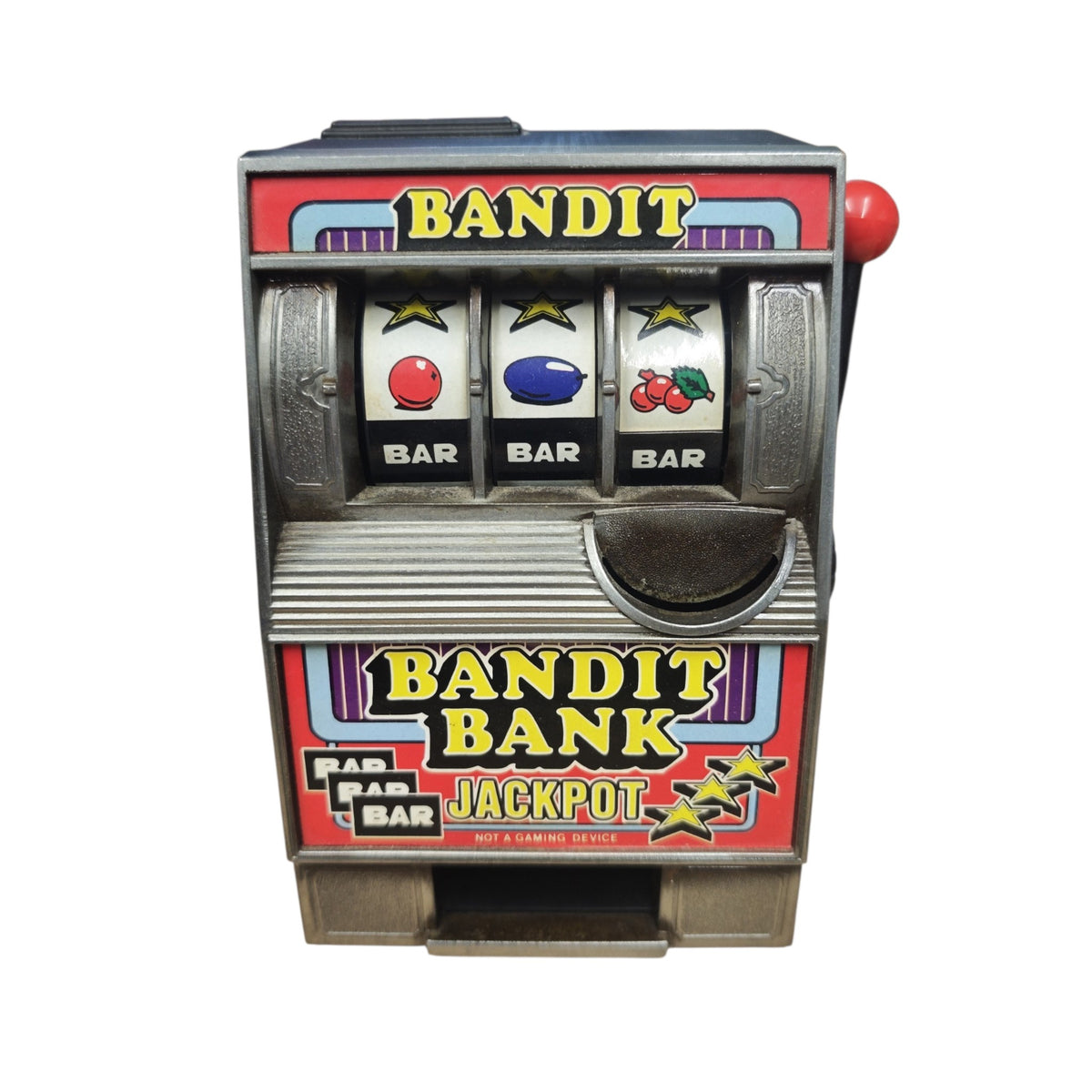 mechanische Spardose im Design eines einarmigen Banditen (Spielautomaten), die typischerweise als Vintage-Sammelobjekt