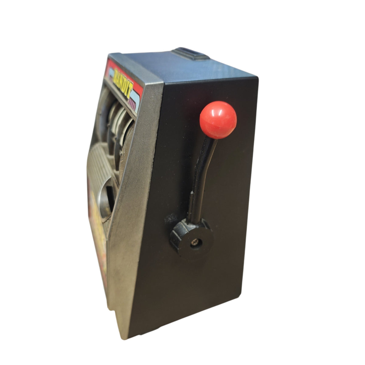 mechanische Spardose im Design eines einarmigen Banditen (Spielautomaten), die typischerweise als Vintage-Sammelobjekt