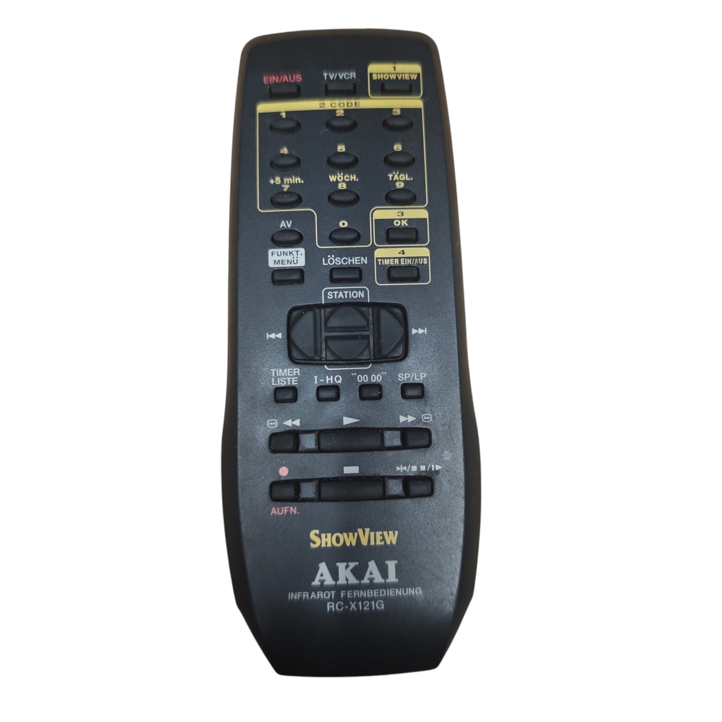 Original-Infrarot-Fernbedienung Akai RC-X121G, die speziell für bestimmte VHS-Videorecorder der Marke Akai wie den Akai VS-G247EOG