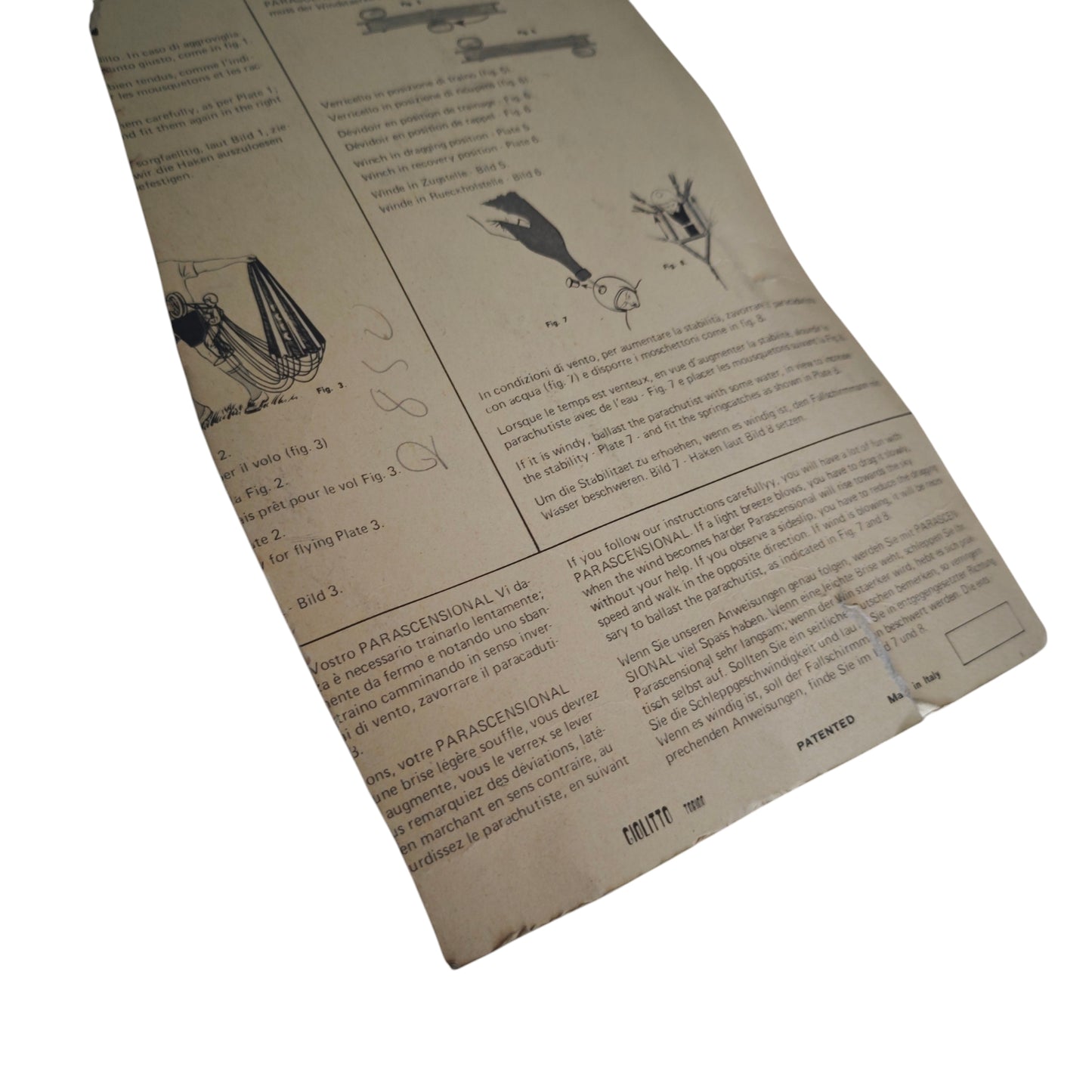 Vintage-Spielzeugfigur des Fallschirmspringers Parascensional Eolo II hergestellt von der italienischen Marke Giolitto in den 1960er- oder 1970er-Jahren