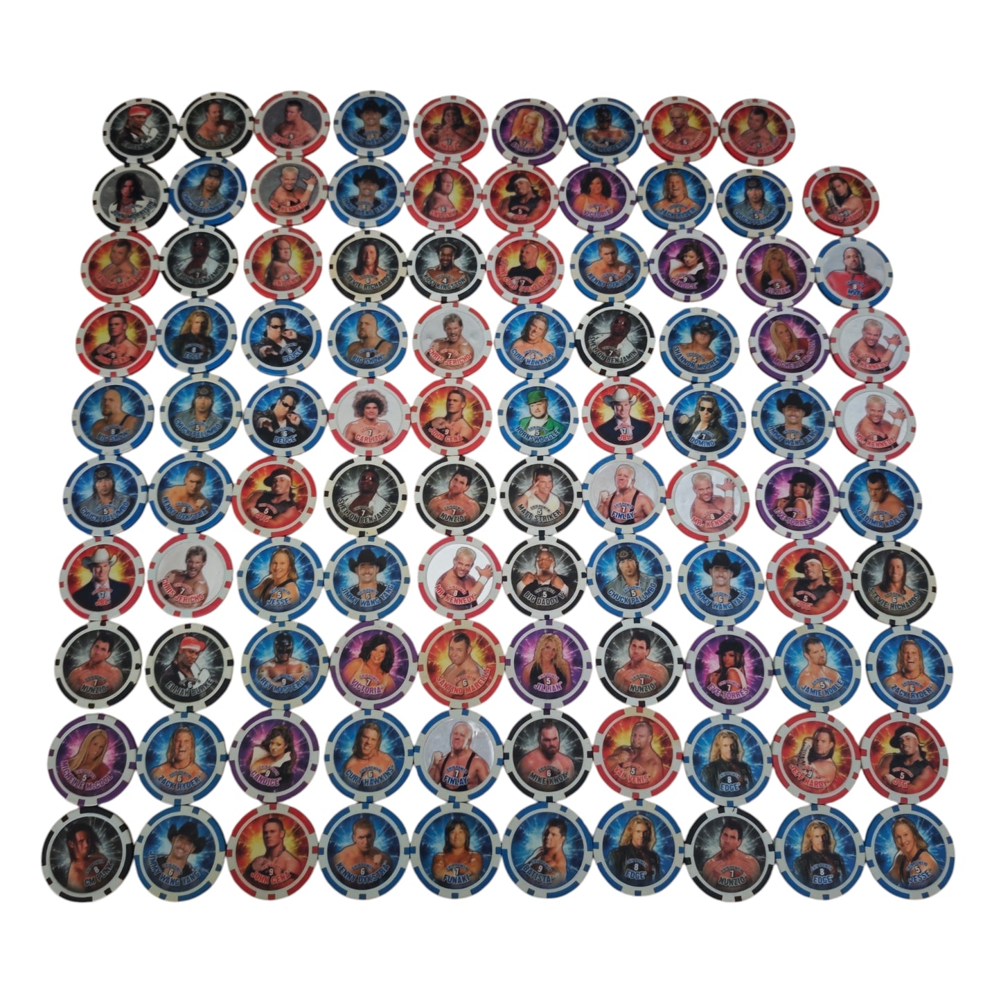 Sammlung 99Stk. von Topps WWE Power Chipz Wrestling Poker Chips oder Slam-Chips
