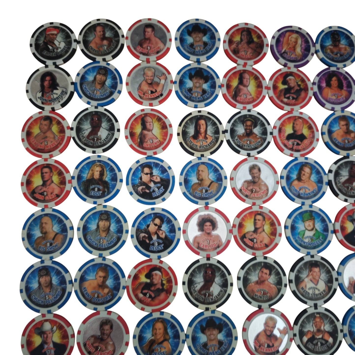 Sammlung 99Stk. von Topps WWE Power Chipz Wrestling Poker Chips oder Slam-Chips