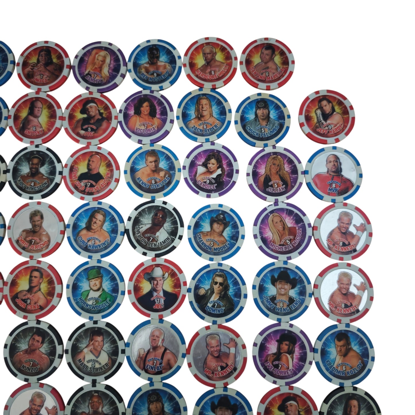Sammlung 99Stk. von Topps WWE Power Chipz Wrestling Poker Chips oder Slam-Chips