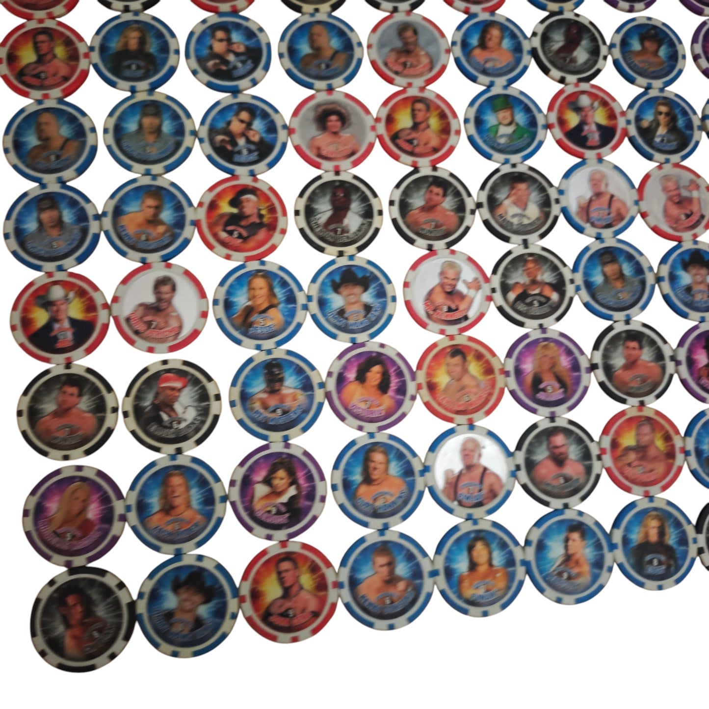 Sammlung 99Stk. von Topps WWE Power Chipz Wrestling Poker Chips oder Slam-Chips
