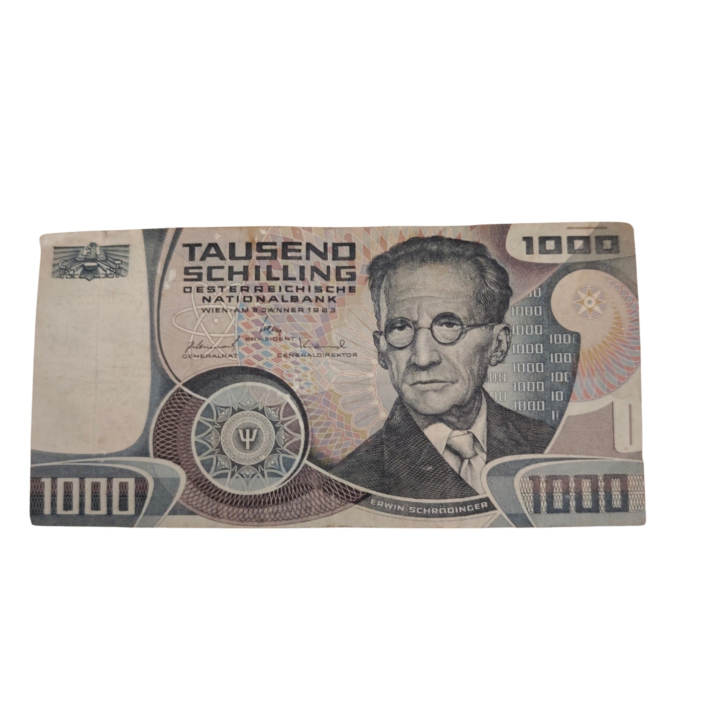 1000-Schilling-Schein A700025E Oesterreichischen Nationalbank aus dem Jahr 1983 mit dem Porträt des Physikers Erwin Schrödinge