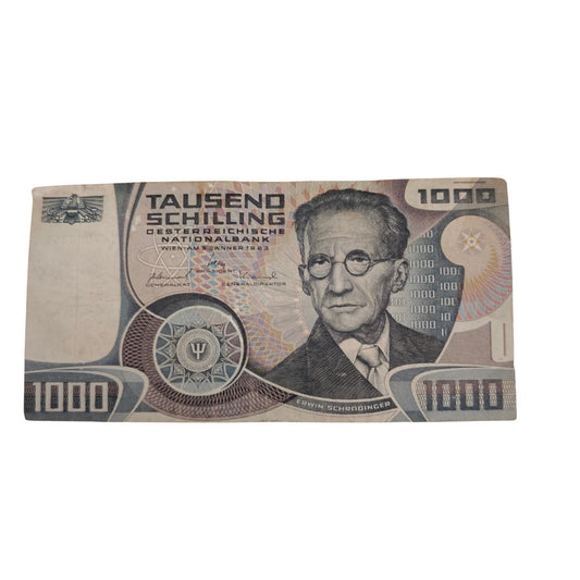 1000-Schilling-Schein A700025E Oesterreichischen Nationalbank aus dem Jahr 1983 mit dem Porträt des Physikers Erwin Schrödinge