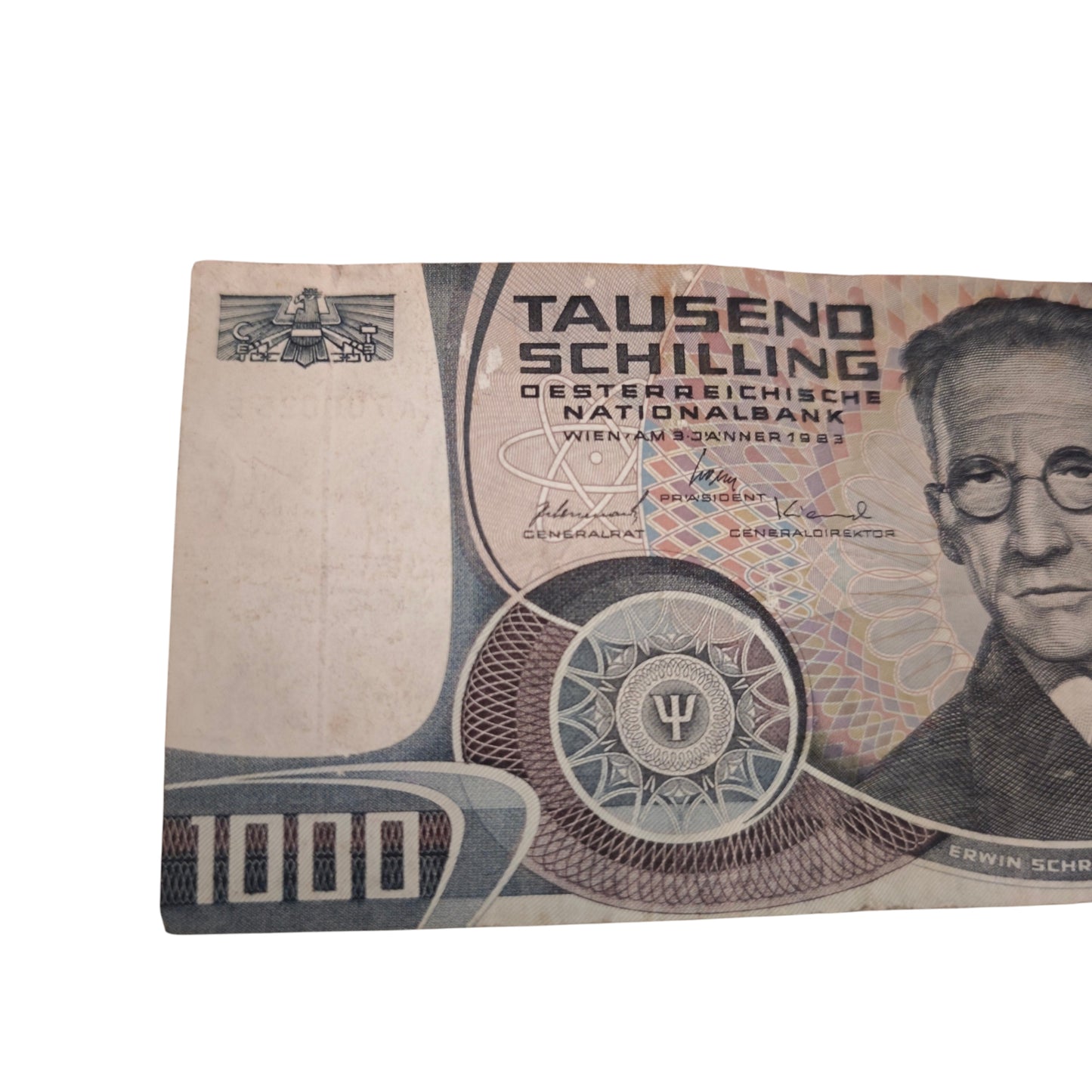 1000-Schilling-Schein A700025E Oesterreichischen Nationalbank aus dem Jahr 1983 mit dem Porträt des Physikers Erwin Schrödinge