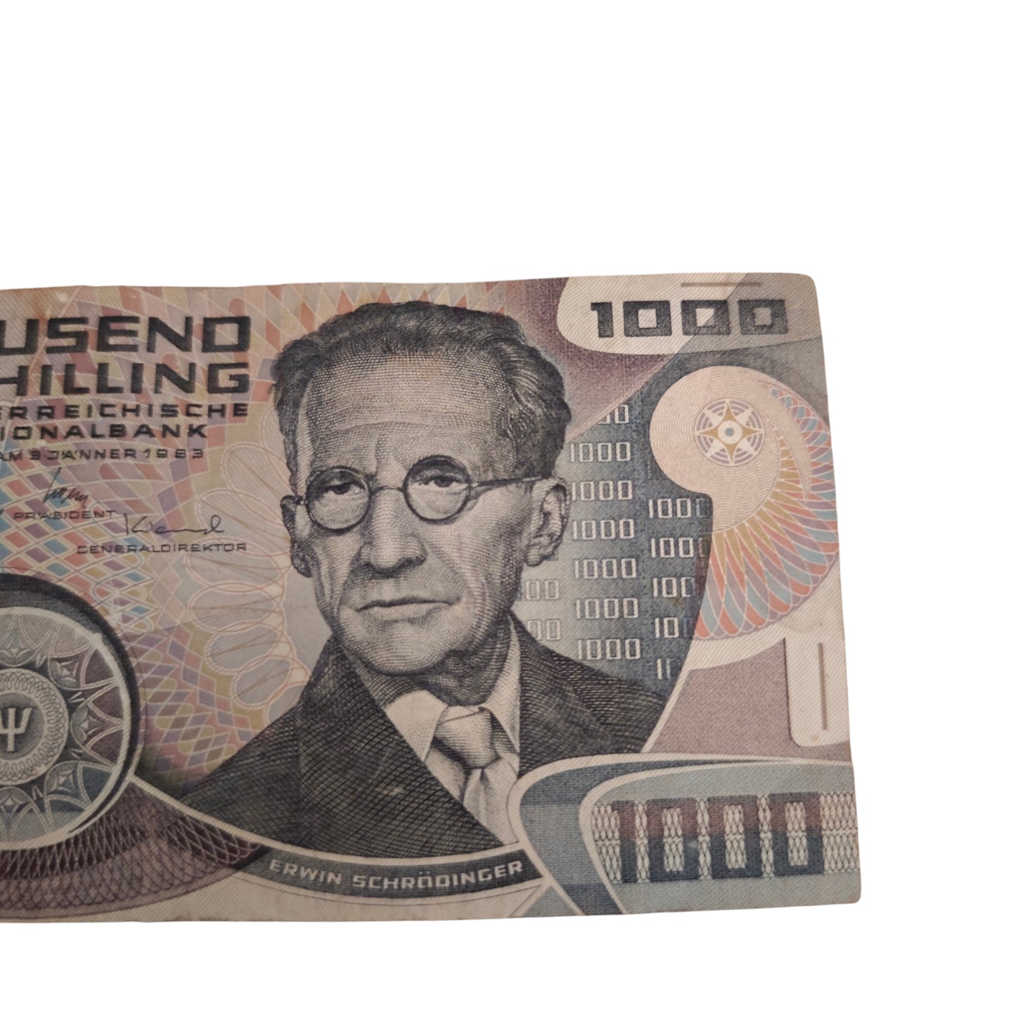 1000-Schilling-Schein A700025E Oesterreichischen Nationalbank aus dem Jahr 1983 mit dem Porträt des Physikers Erwin Schrödinge