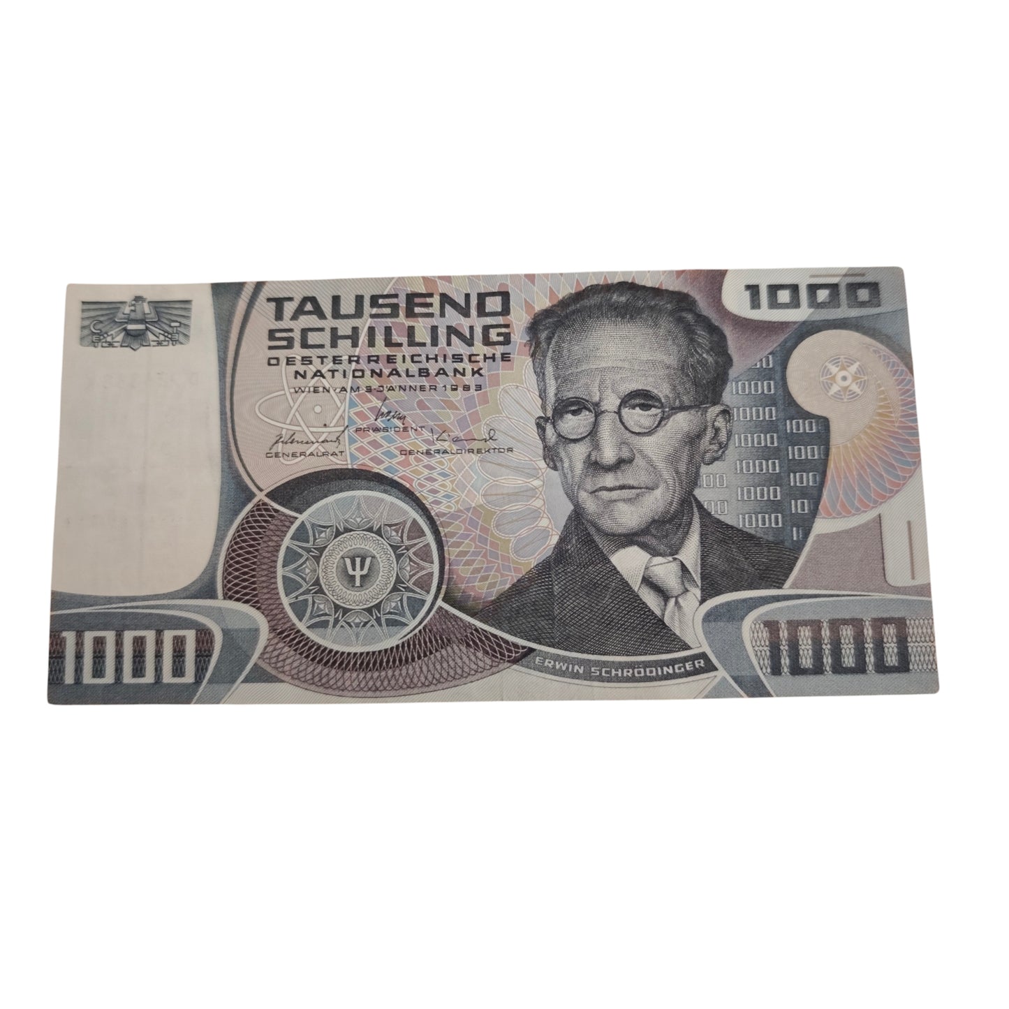 1000-Schilling-Schein D926888K  Oesterreichischen Nationalbank aus dem Jahr 1983 mit dem Porträt des Physikers Erwin Schrödinger