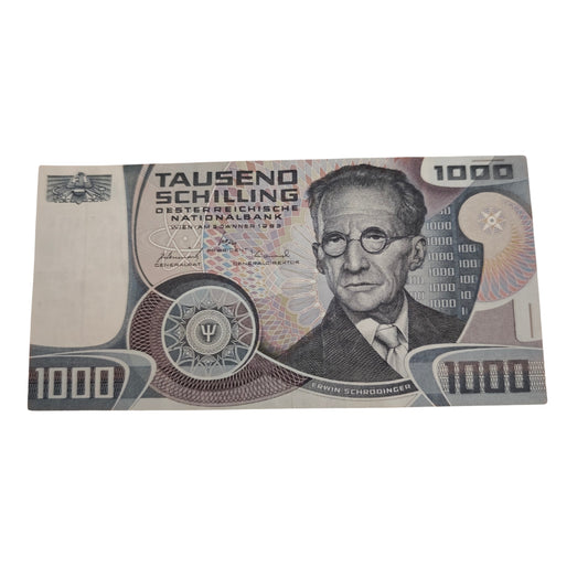 1000-Schilling-Schein D926888K  Oesterreichischen Nationalbank aus dem Jahr 1983 mit dem Porträt des Physikers Erwin Schrödinger