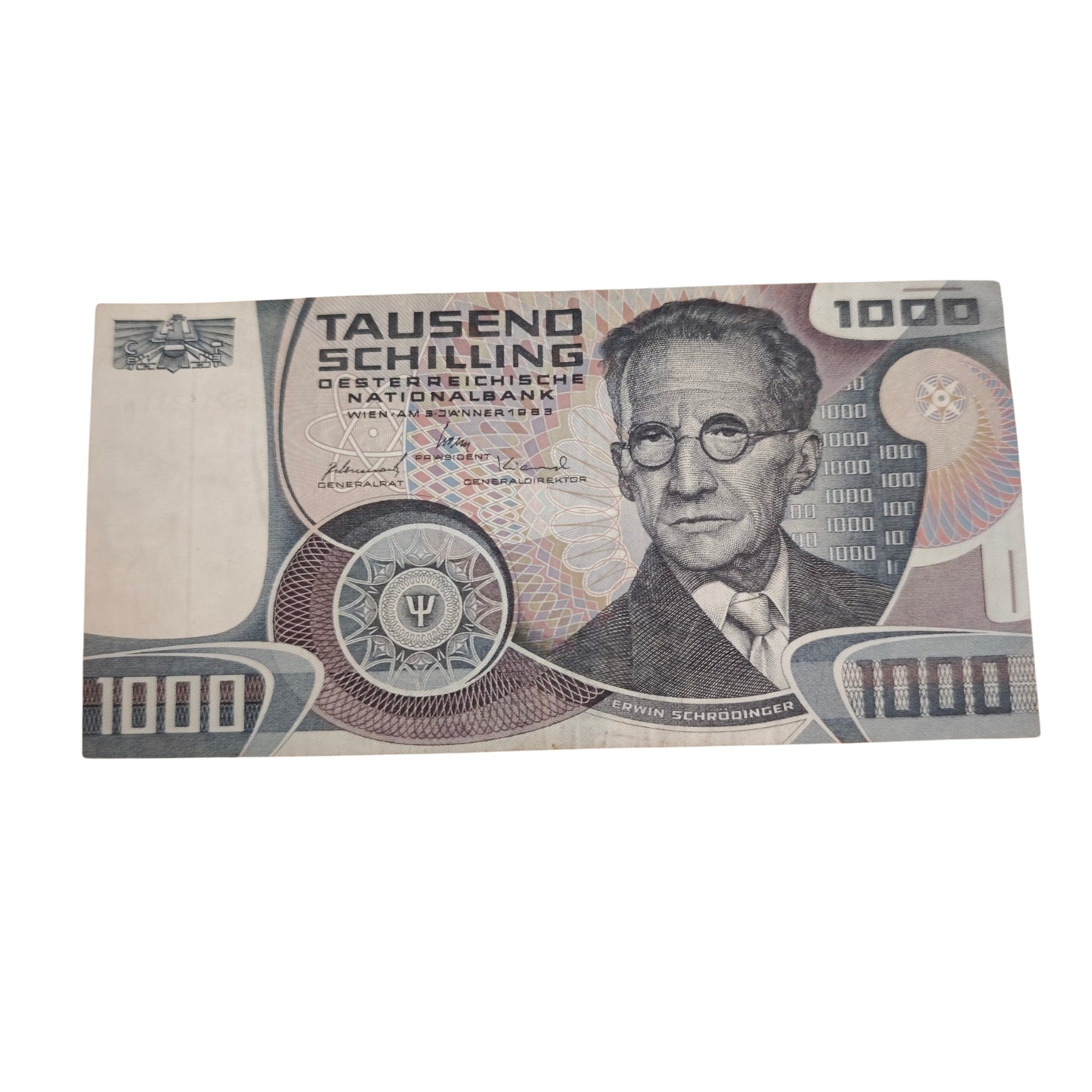 1000-Schilling-Schein E916231N  Oesterreichischen Nationalbank aus dem Jahr 1983 mit dem Porträt des Physikers Erwin Schrödinger