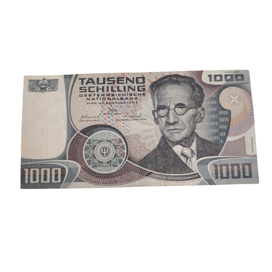1000-Schilling-Schein E916231N  Oesterreichischen Nationalbank aus dem Jahr 1983 mit dem Porträt des Physikers Erwin Schrödinger