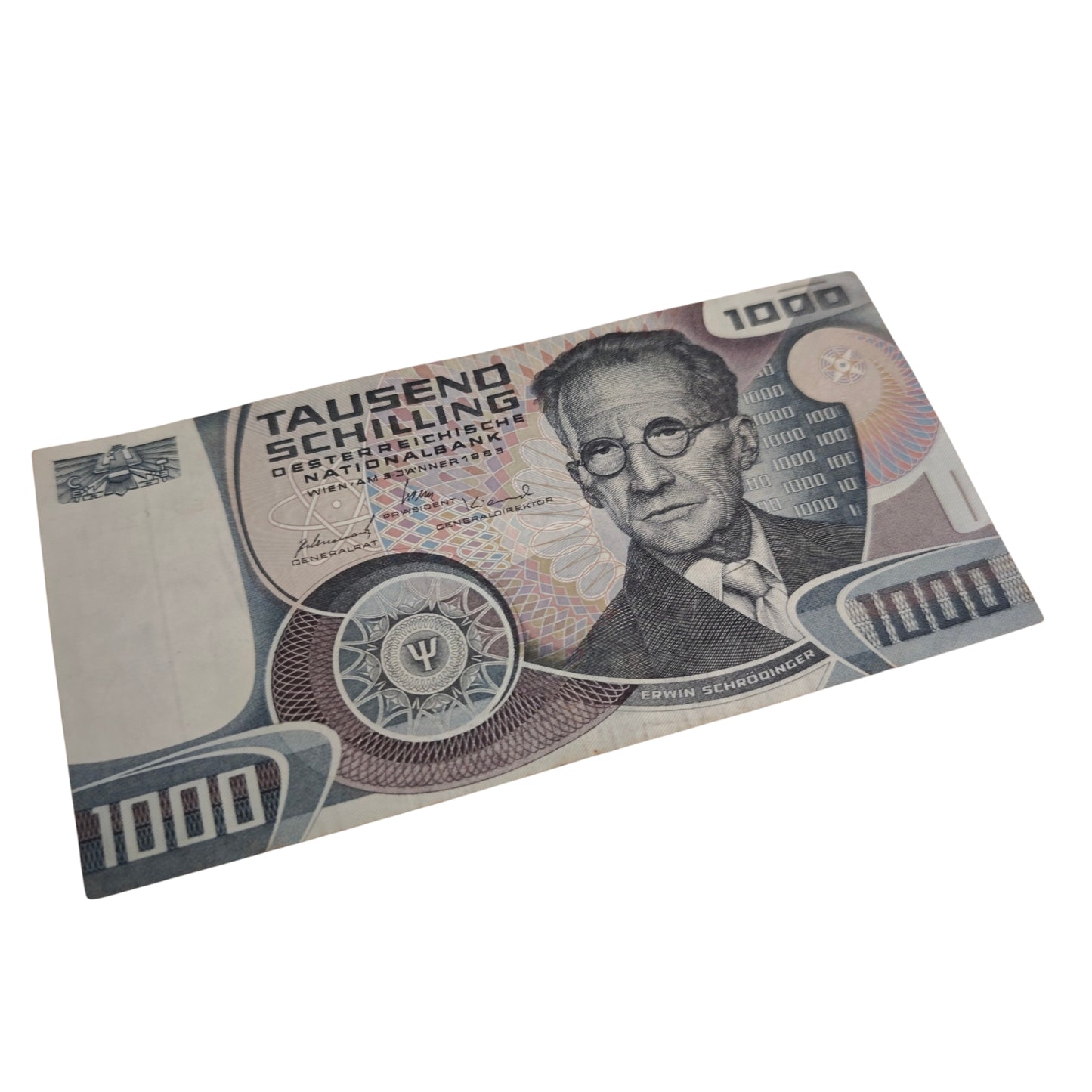 1000-Schilling-Schein E916231N  Oesterreichischen Nationalbank aus dem Jahr 1983 mit dem Porträt des Physikers Erwin Schrödinger