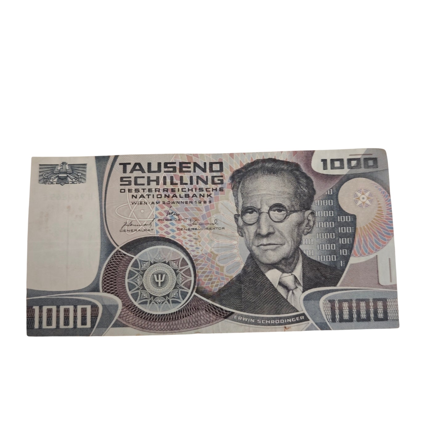 1000-Schilling-Schein H969865E Oesterreichischen Nationalbank aus dem Jahr 1983 mit dem Porträt des Physikers Erwin Schrödinger