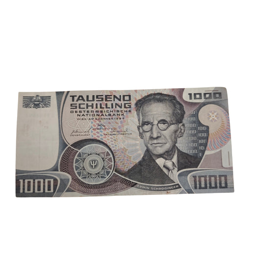 1000-Schilling-Schein H969865E Oesterreichischen Nationalbank aus dem Jahr 1983 mit dem Porträt des Physikers Erwin Schrödinger
